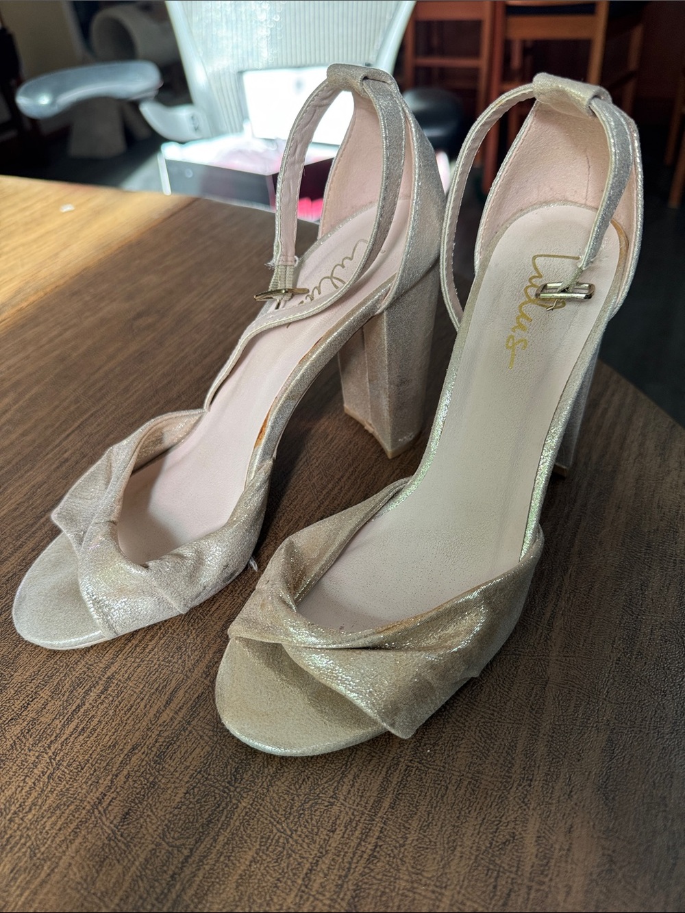Lulus Carly Block Heel Pumps in Light Gold Shimmer